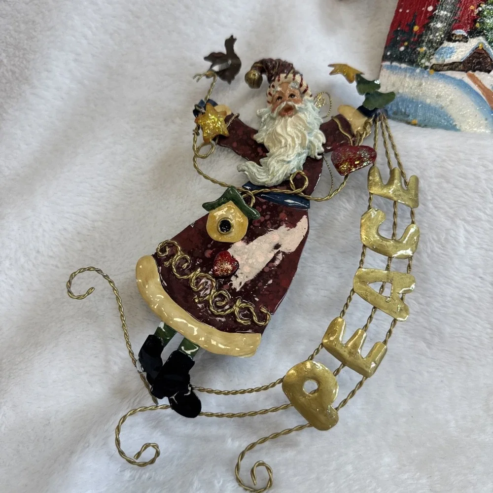 Set of 3 Vintage Style Santa Claus Christmas Ornaments Peace Noel Metal Folk Art